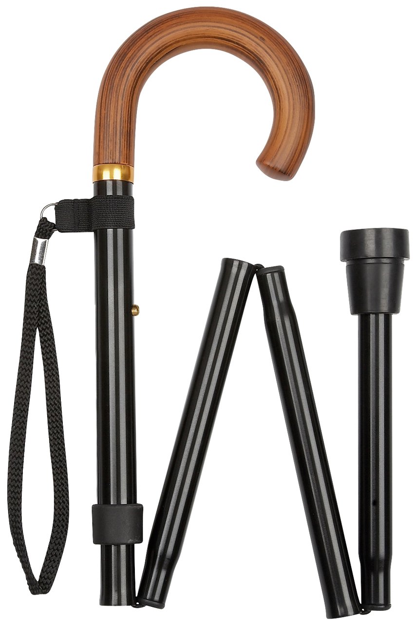 Gehstock Faltstock Torino Rundgriff Naturholz, Stock Leichtmetall schwarz, höhenverstellbar 84 bis 94 cm, Gummipuffer, schw. Kordel-Tragschlaufe