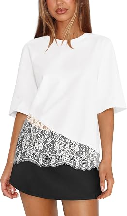 Womens Lace Tops for Women Short Sleeve Top Crew Neck Patchwork T Shirt Casual Overlay Tee Summer Going Out Blouse