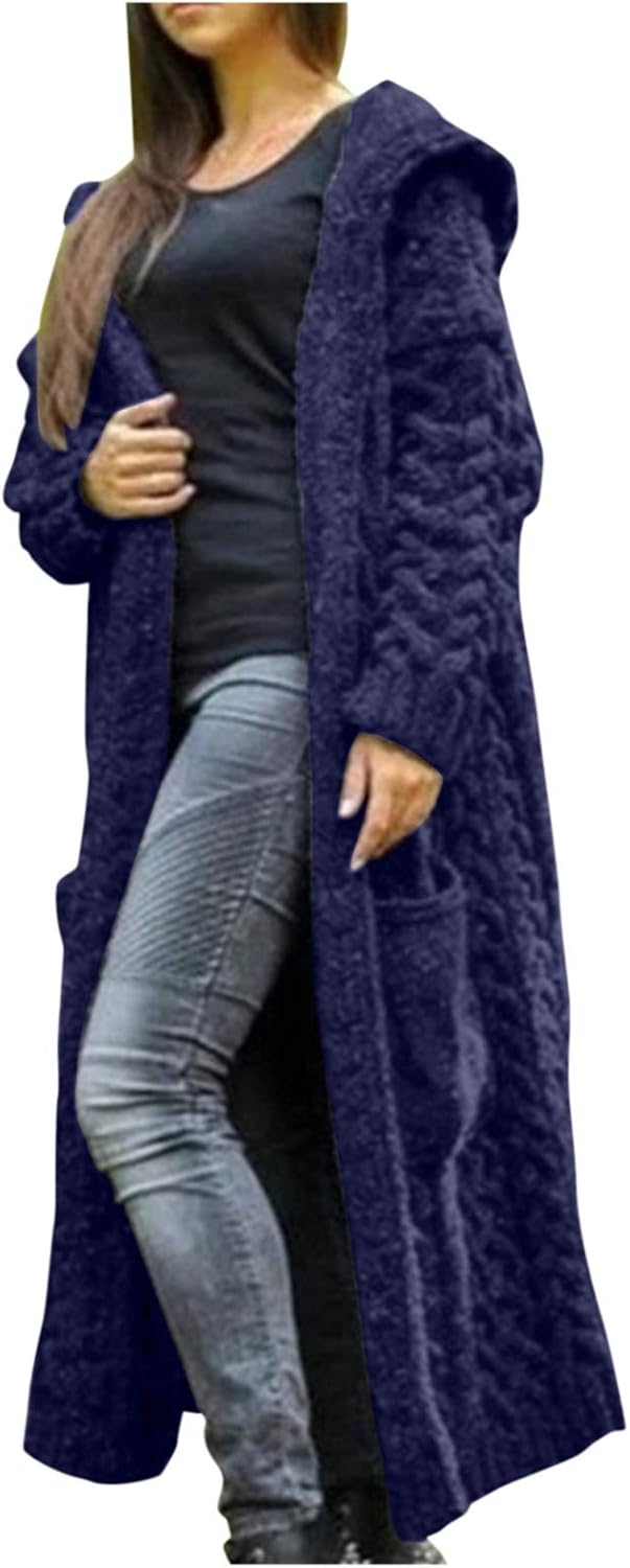 Sunhusing Autumn Winter Women's Hooded Thick Knit Cardigan Long Trench Coat Twist Pattern Sweater Coat Outwear