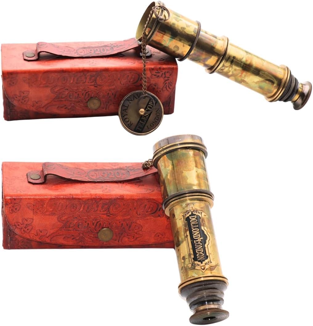 The Vintage Venue 15x Vintage Pirate Spyglass Telescope – Functional Brass Monocular with Leather Case – Clear Vision Nautical Telescope for Collectors & Decor
