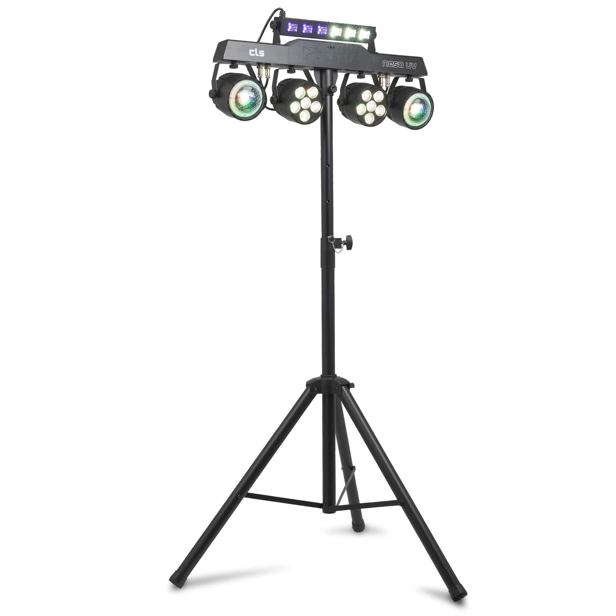 BeamZ CLS NesoUV Party Bar con 2 jelly moon, 2 par led rgbw y barra UV strobe, barra led dj con tripode, dmx 512, luces discoteca para casa, luces dj y luces escenario