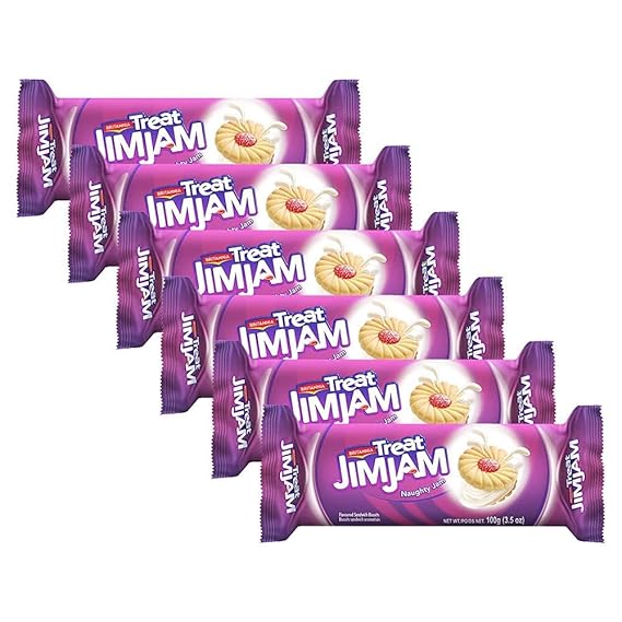 BRITANNIA Treat Naughty Jim Jam Biscuits Sandwich 3.52oz (100g) - Biscuits sandwich aromatises - Magic of Naughty Jim Jam cream Cookies - Healthy Snacks Halal, Perfect for Breakfast Suitable for Vegetarian (Pack of 6)
