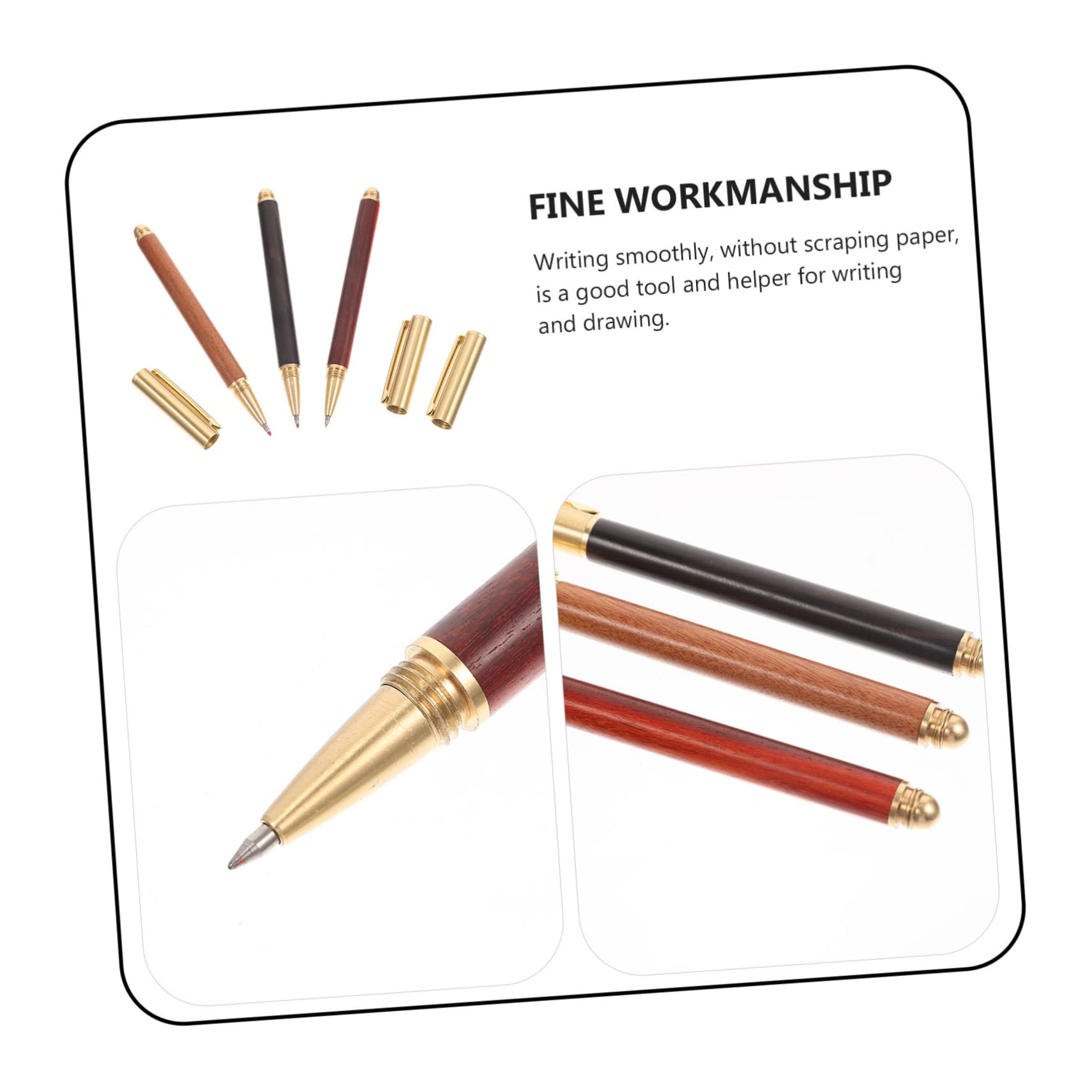 Stylo à Écrire en Bois Lot de 3, Pointe Fine, Laiton, pour Signature | Présent Rentrée, Portable, sans Rayer le Papier, pour Étudiants et Garçon et Filles