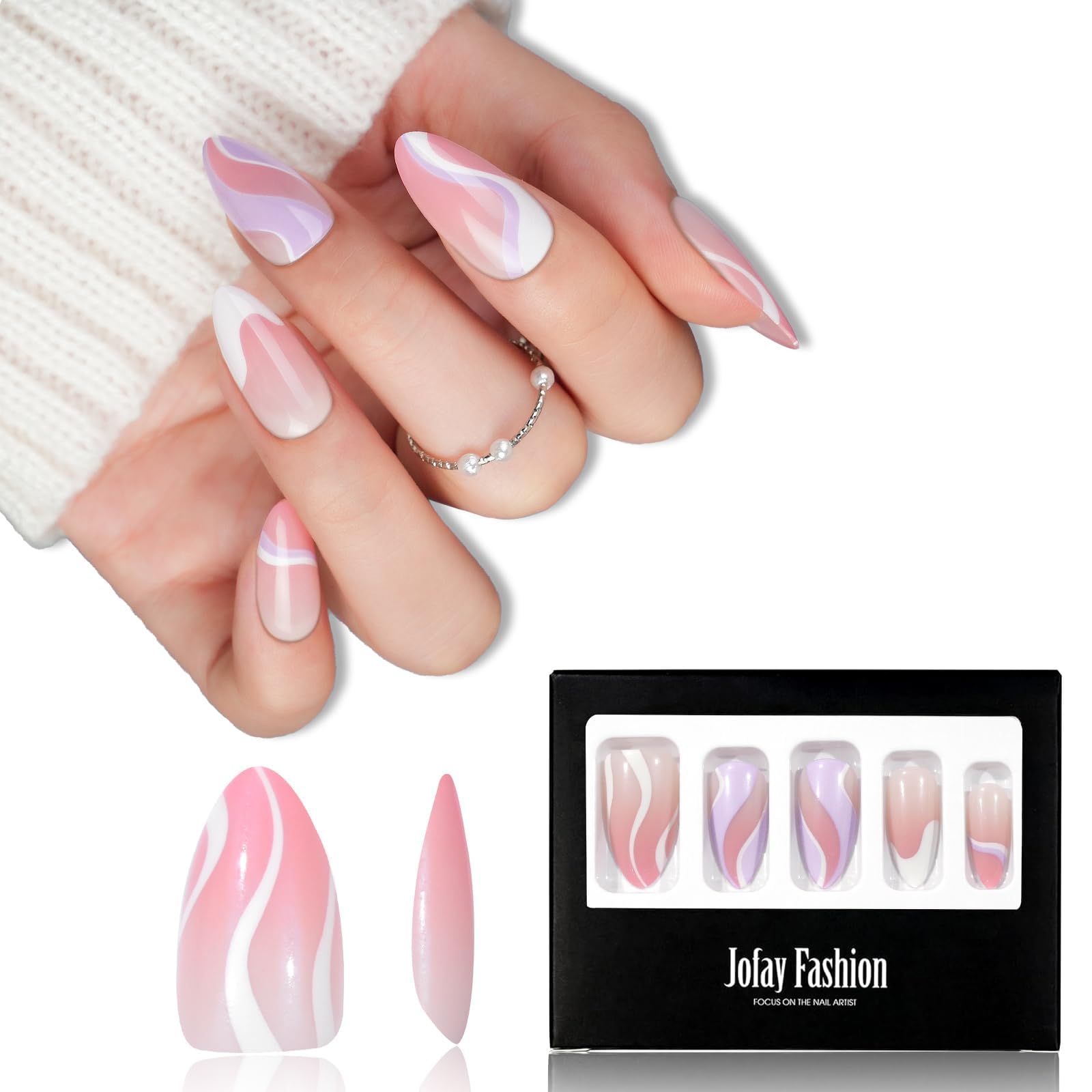 Photo 1 of Press on Nails Medium Almond, Jofay Fashion Fake Nails with Pink Purple Swirl Designs, Reusable Acrylic False Nails with Glue, Stick on Nails for Women & Girls Gift, Soft Gel Glue on Nails Kit, 24pcs A12.Cute swirl