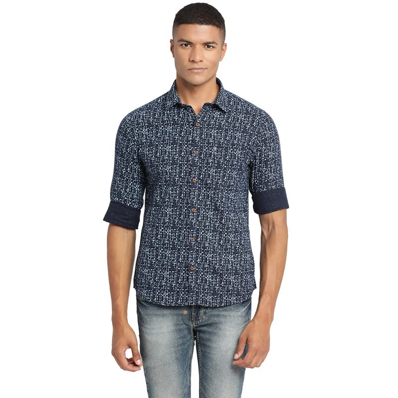 Image of Turtle Men Navy Blue Khadi Printed Slim Fit Casual Shirts