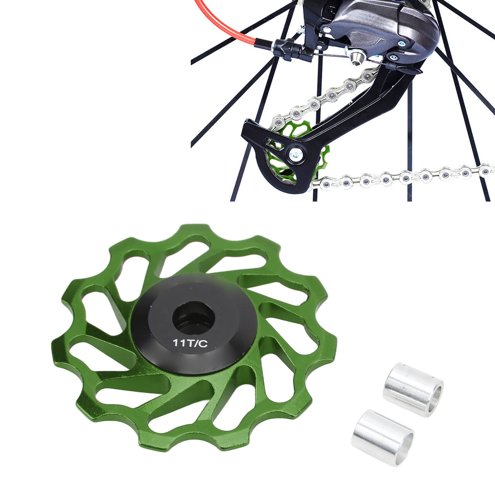 2Pcs Bicycle Rear Derailleur, Risk Mountain Bike Rear Derailleurs, Pulley Rear Jockeys Wheel Guide Roller Tension Wheel with Bearing, Bicycle Derailleur Accessories 11T (Green)