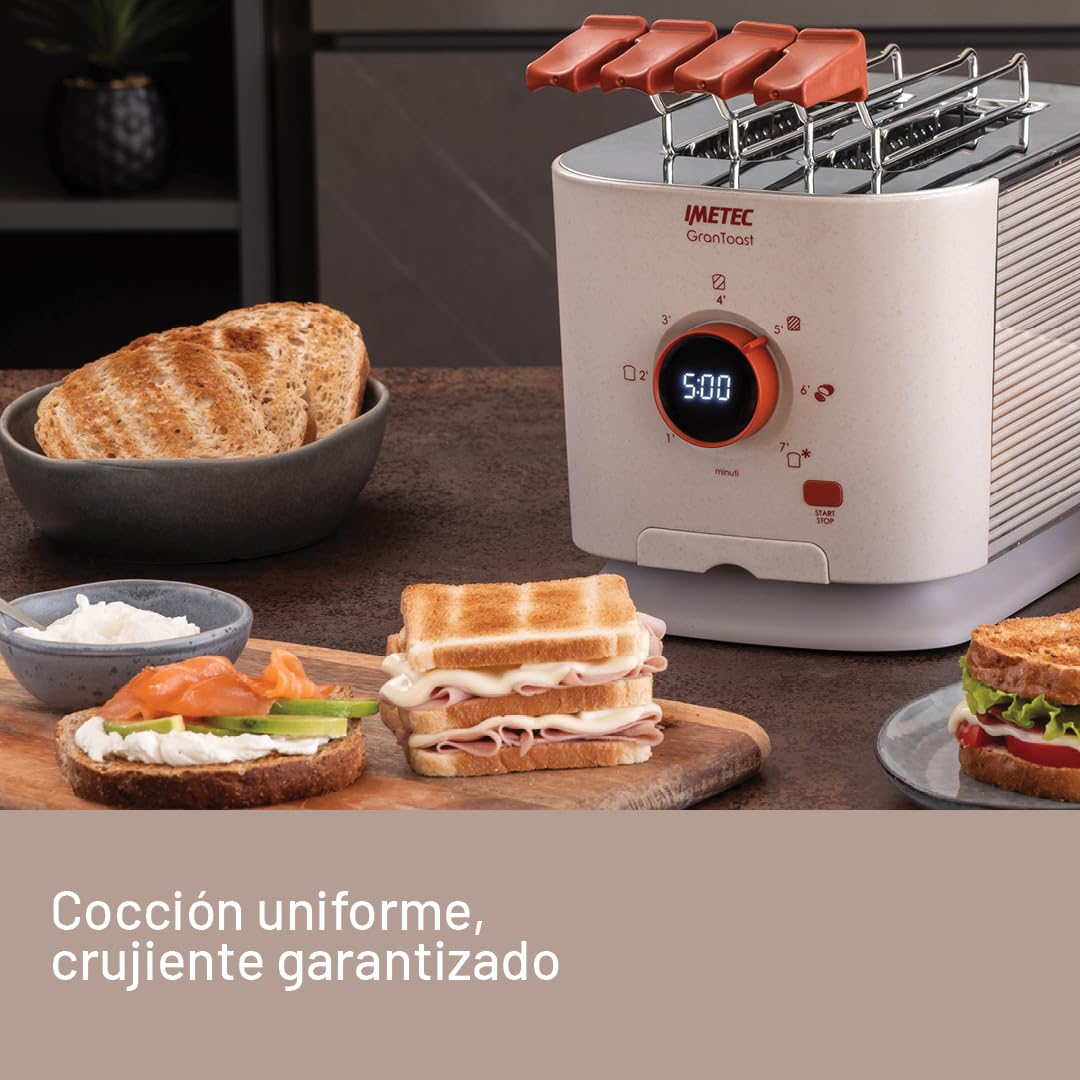 Imetec Grantoast - Tostadora XL de 2 rebanadas con pinzas deslizantes para tostadas rellenas - 7 niveles de dorado, fácil limpieza, pantalla LED, plancha para calentar, temporizador digital