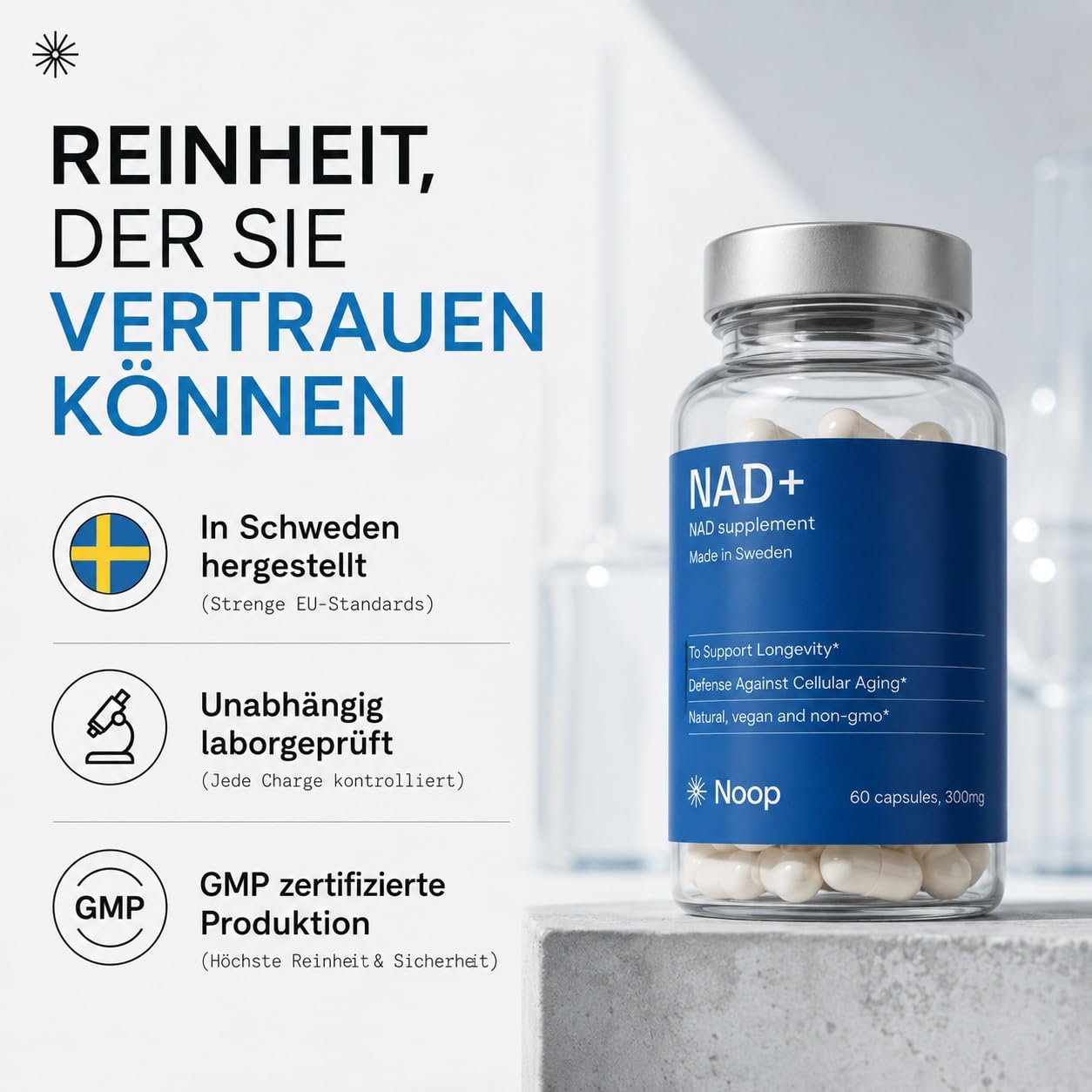 NAD+ Nicotinamid-Ribosid Kapseln, Hochreines NR Supplement, Vegan & Laborgeprüft, Hergestellt in Schweden — 300 mg, 60 Kapseln NOOP