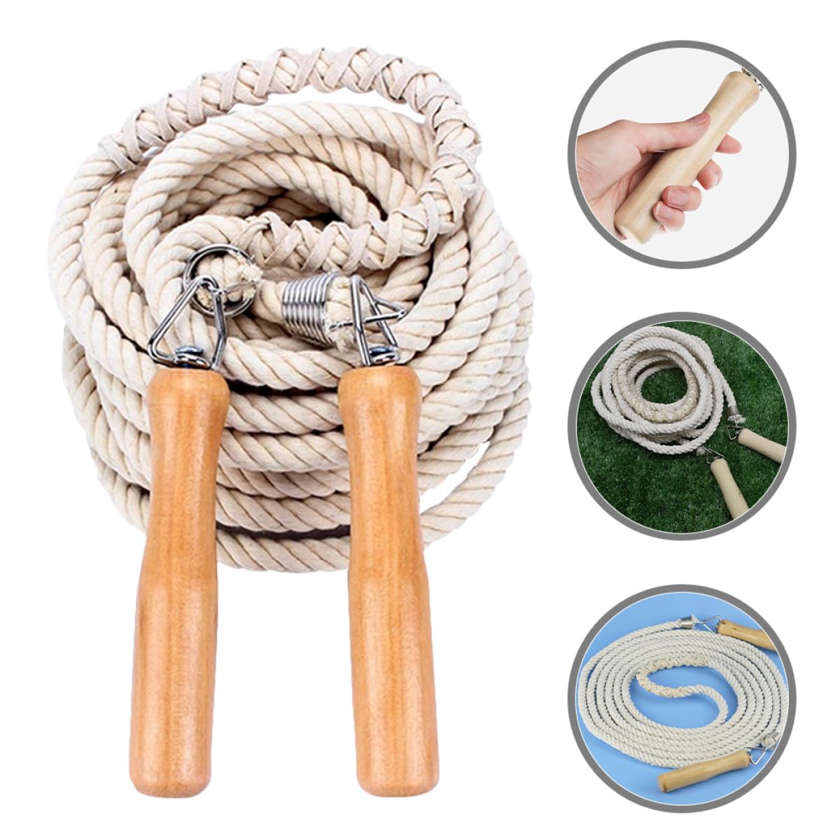 ORFOFE Cuerda para Saltar de Lino Mango de Madera, 7 Metros para 5-7 Personas, Cuerda de Resistencia Grupal para Ejercicio al Aire Libre y Clases de Fitness