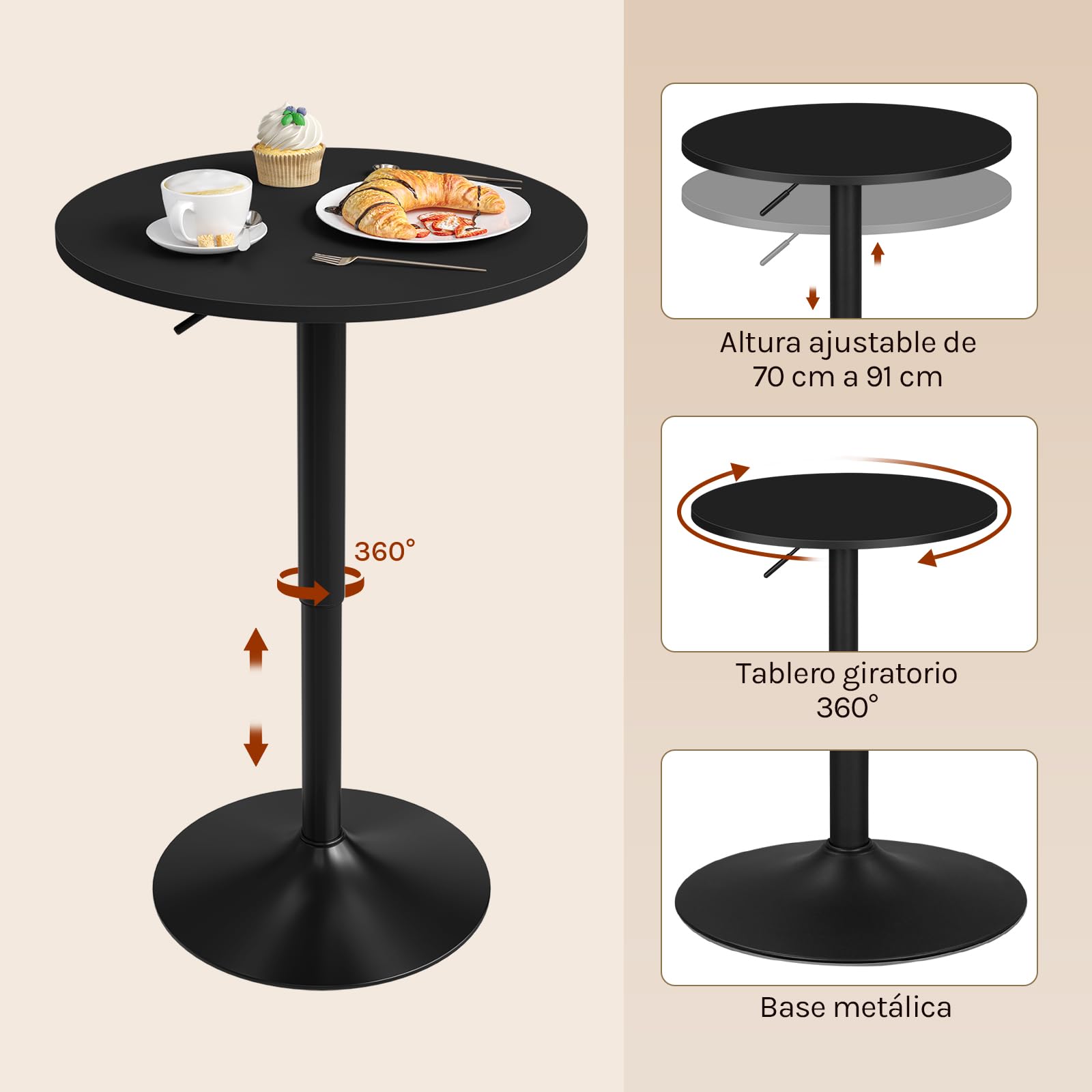 WOLTU Mesa de Bar, Regulable en Altura, 360 Grados Giratorio, Hecha de MDF, Redonda para Cocina, Bar, Negro Redondo