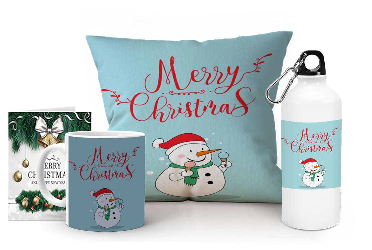 Christmas Gift Combo Set – Cushion Cover, Coffee Mug, Water Bottle & Greeting Card | Christmas Decoration & Gift Set for Family, Friends(cxcb178)