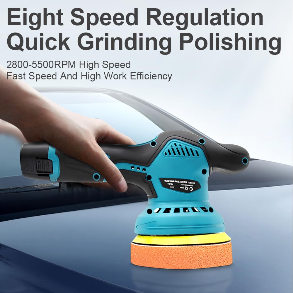 Máquina pulidora de batería, 8 velocidades (2800 – 5500 RPM) con 2 baterías, juego de pulidoras de coche de 125 mm, ideal para pulir la pintura del coche, eliminar arañazos, muebles y crecimiento de