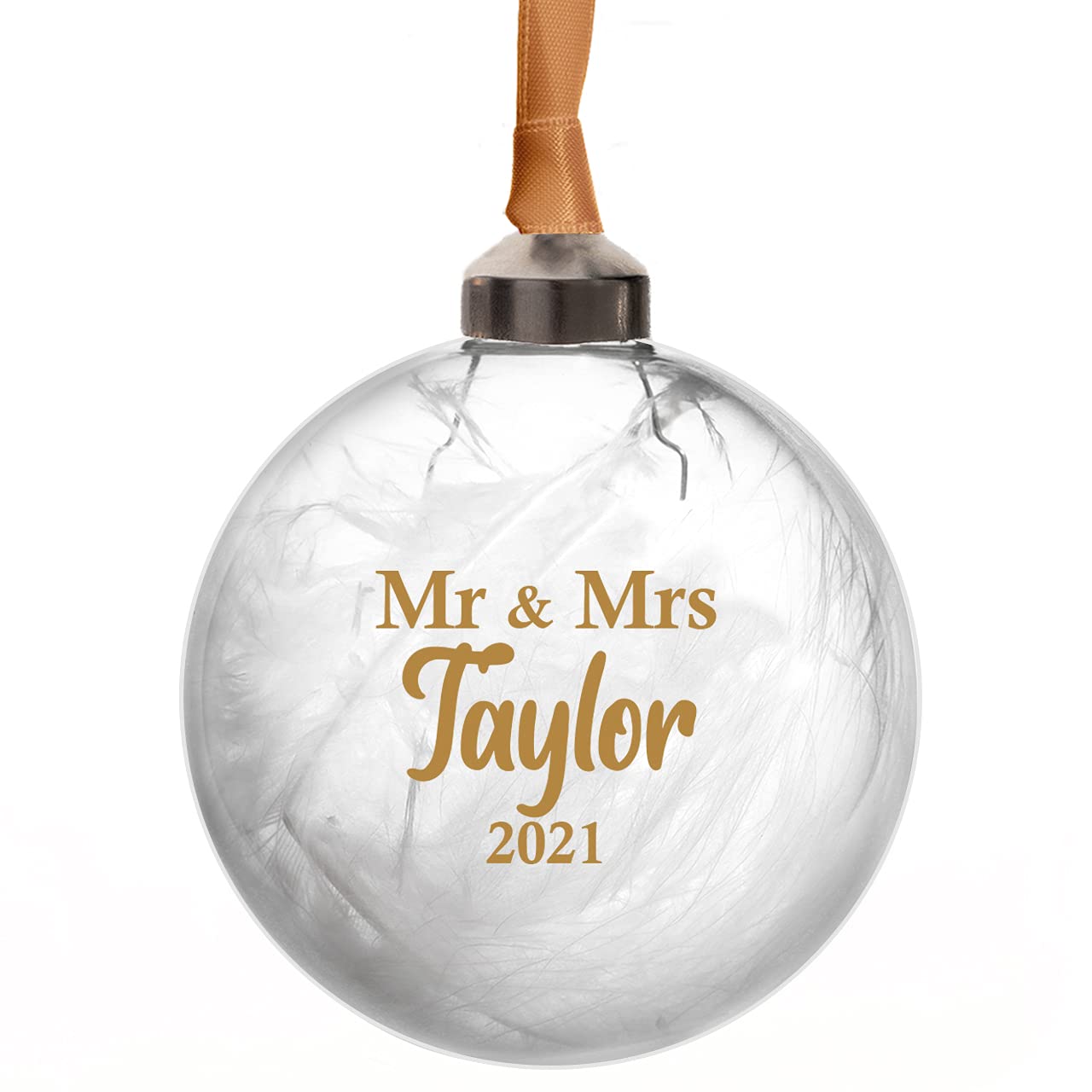 Personalised Mr and Mrs Glass Bauble Filled with White Feathers available in 10 Colours Mr and Mr or Mrs and Mrs (Gold)