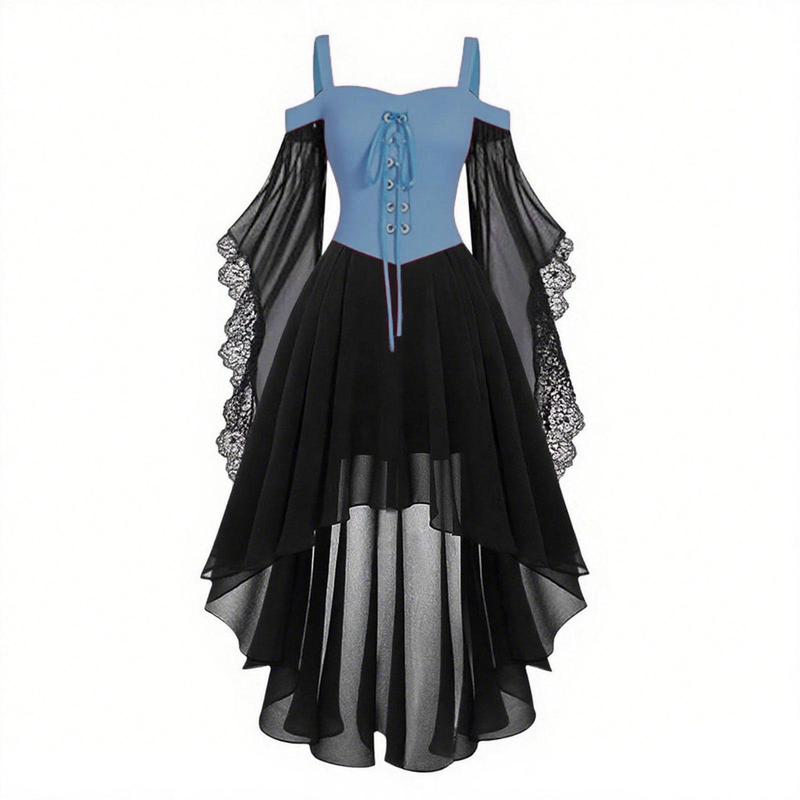 HAOLEI Medieval Costume Women, Halloween Dresses Vintage Lace Renaissance Victorian Dress Cold Shoulder Butterfly Sleeve Retro Steampunk Rockabilly Goth 80s Dress Ladies