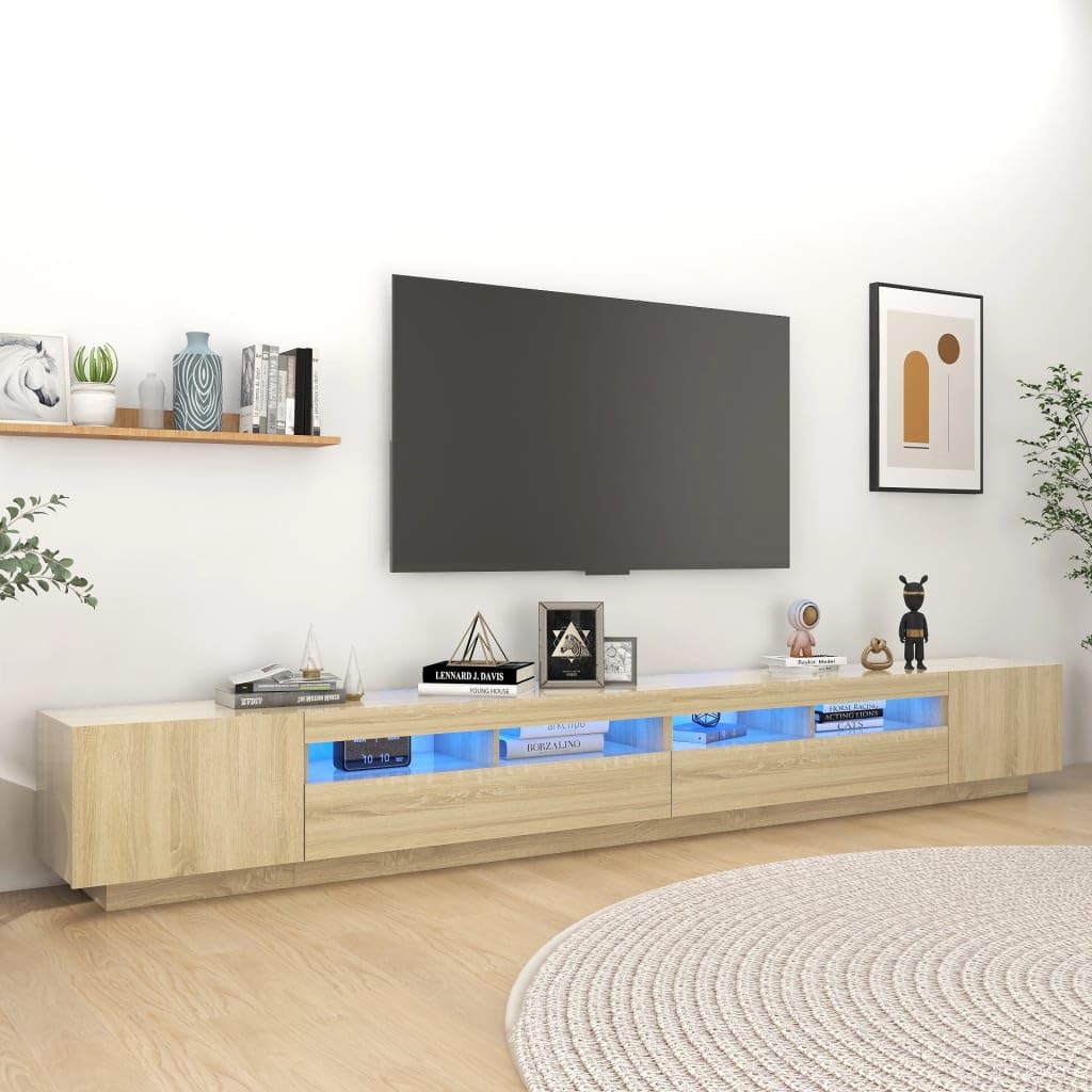 Szafka pod telewizor dąb Sonoma 300 x 35 x 40 cm, wytrzymała szafka pod telewizor z oświetleniem RGB LED, konsola medialna do salonu, nowoczesna, uniwersalna podstawka pod telewizor