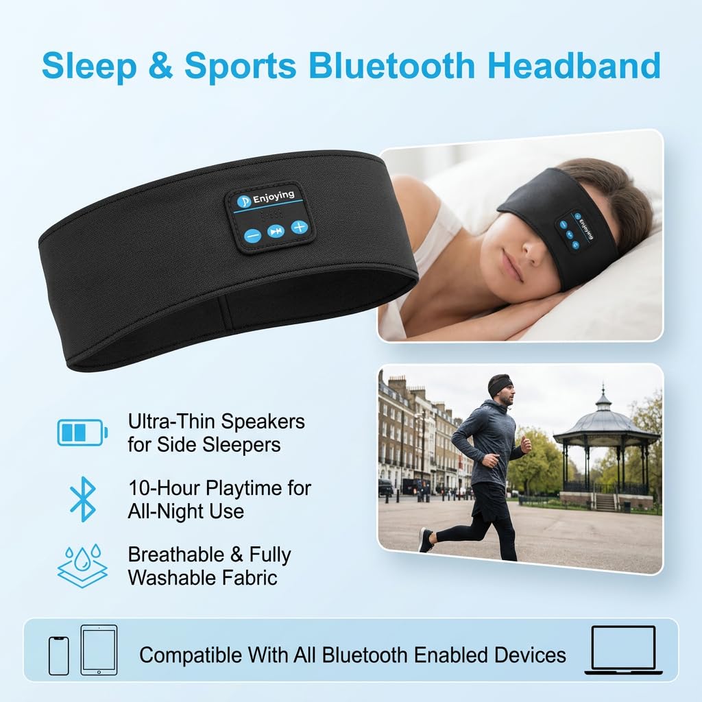 5.4 Bandeau Bluetooth, Écouteurs Casque de Sommeil pour Femme & Homme, Bandeau Anti Bruit USB Rechargeable avec Stéréo Ultra-Fins HD pour Entraînement Running Voyages Yoga et Dormeurs Latéraux(Noir)