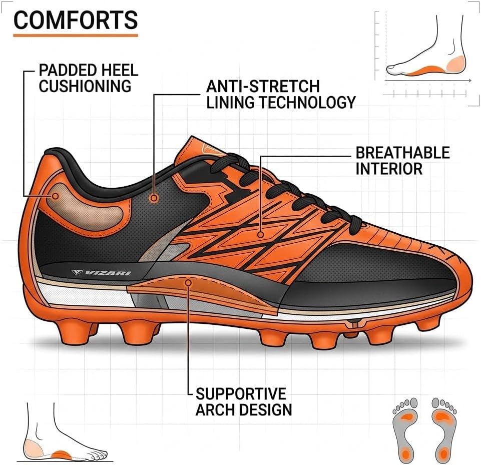 Vizari Boca Firm Ground Soccer Cleats - Lightweight, Durable & Comfortable Kids & Youth Soccer Cleats with Excellent Traction - Girls & Boys Soccer Shoes with Padded Heel & Anti-Stretch Lining