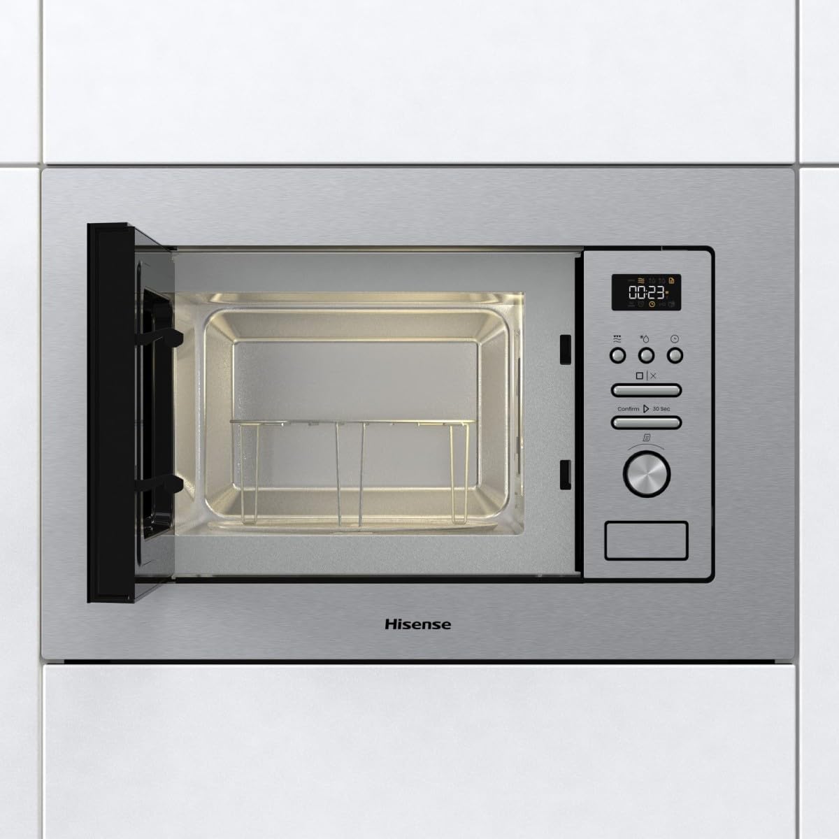 Hisense BIM320G41X - Microonde integrabile, 1000 W, 20 l, altezza 38,8 cm x larghezza 59,5 cm, colore inox, 5 livelli di potenza, 15 programmi preimpostati, Grill Combo, Scongelare per tempo o peso