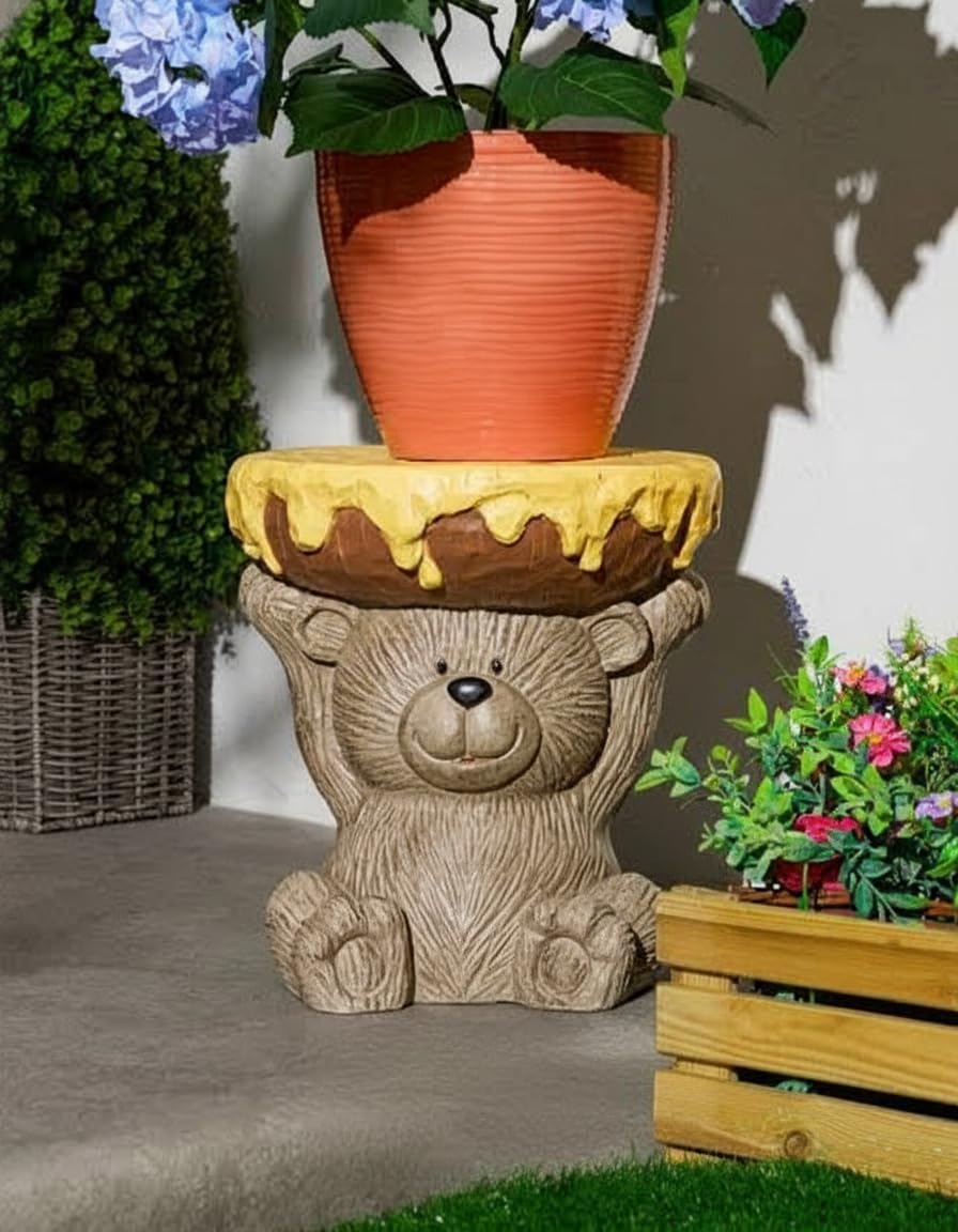 New Adorable Honey Bear Plant Pot Stand – Hand-Painted Bear Figurine Holding Honey Pot, Indoor & Outdoor Planter Stand, Garden Stool or Accent Table Home Decor-G54