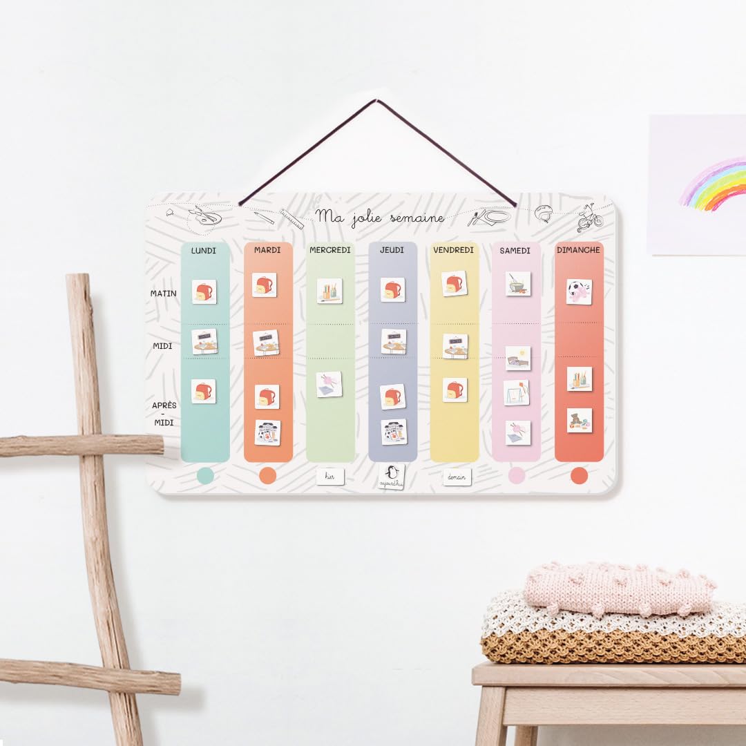 L’atelier gigogne- Semainier enfant-Calendrier Éducatif Montessori 3-8ans-1 plateau magnétique-64 magnets-Routine-planificateur semaine- organisateur -Fabriqué en France-SEMA