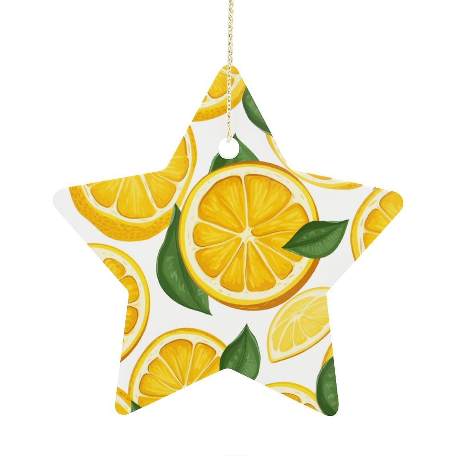 Lemon Fruit Pattern Stars Ornaments Ceramic Christmas Tree Hanging Light in Weight Christmas Star Pendants Funny Double-Sided Printed Xmas Ornaments for Gifts