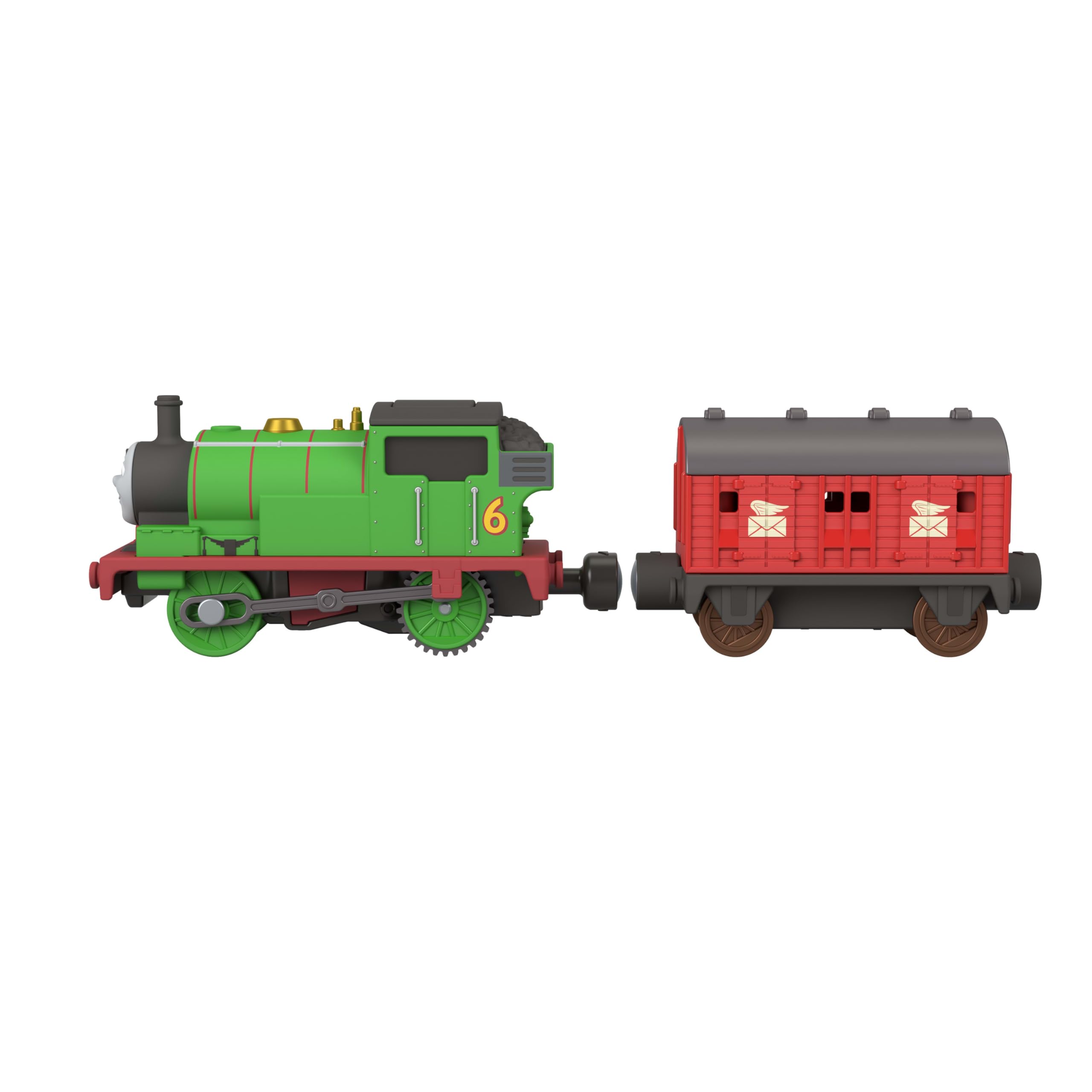Fisher-Price Thomas i Przyjaciele Percy i wagon pocztowy | Zasilana bateriami lokomotywa i wagon towarowy dla przedszkolaków, klasyczna postać z serii kolejowej, JLL46