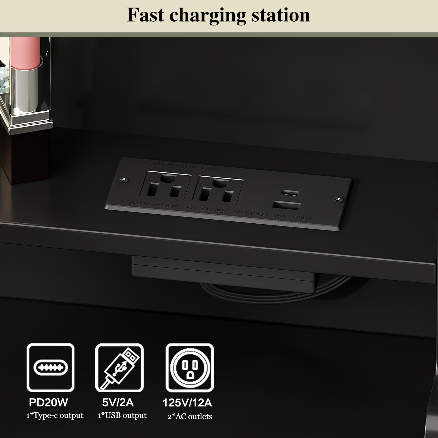 Two configurations of the vanity desk: L-shaped and straight, demonstrating flexible placement options.