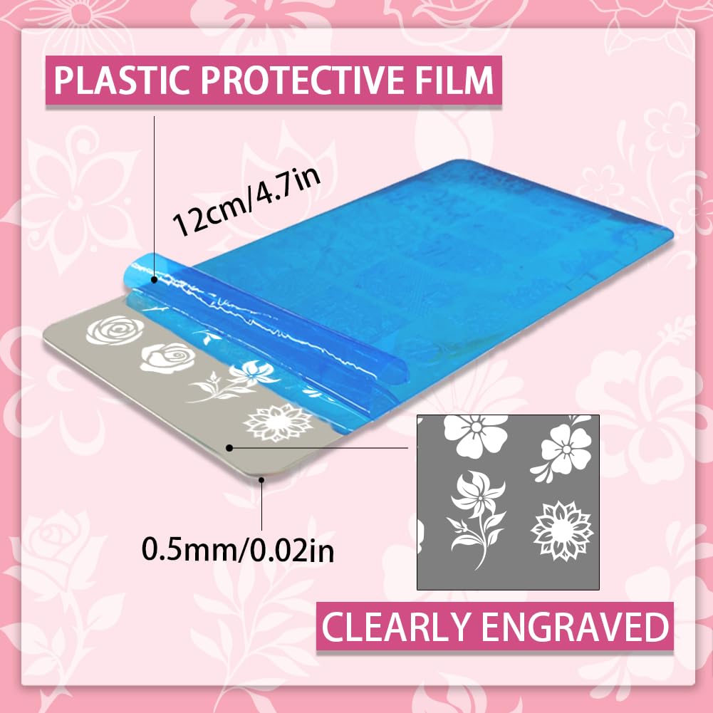 PH PandaHall 5pcs Flower Nail Stamping Plates Rose Nails Art Stencils Swirl Pattern Nail Art Templates Butterflies Naisl Design Stamp with Stamper and Scrape for Women Spring Summer Manicure Salon - Image 2