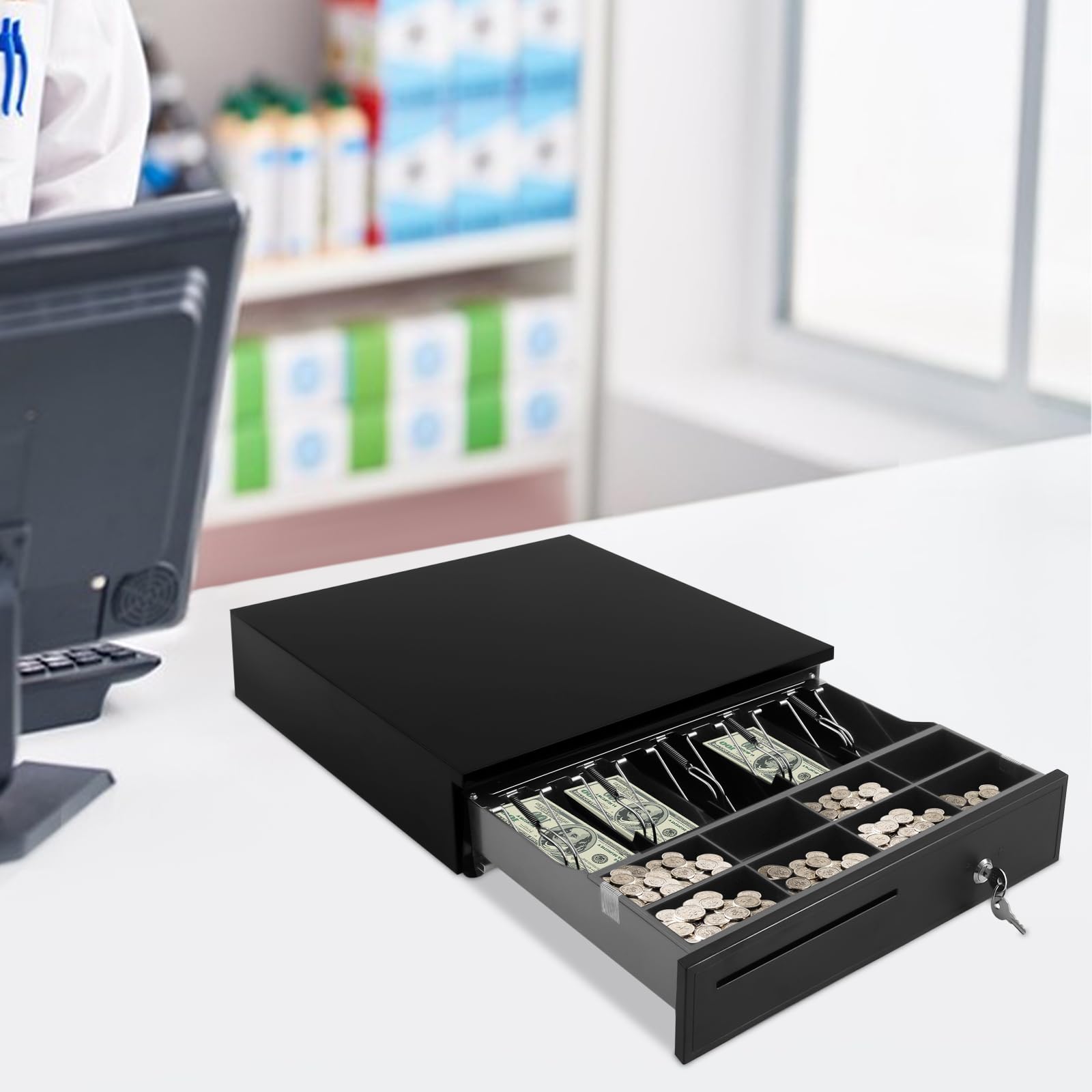 Cajón de efectivo para llaves, con 8 compartimentos para monedas y 5 compartimentos para billetes (euro), se puede cerrar con conector RJ-11 (caja registradora, cajón, cajón, cajón, cajón, 42 x 40 x