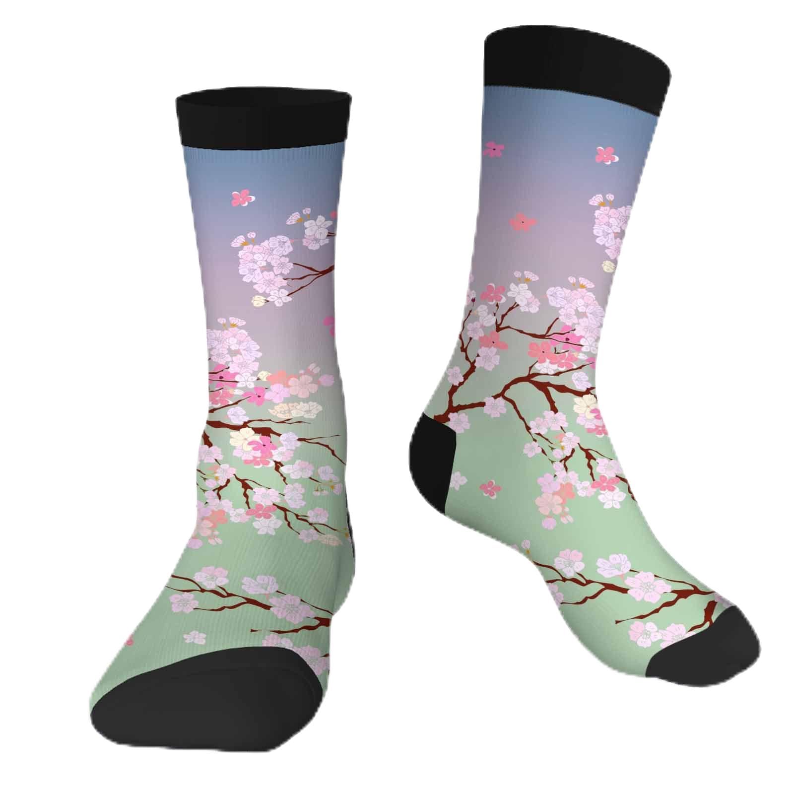 Cherry Blossoms Funny Socks Novelty Casual Crew Socks Contrast Color Design for Women Men