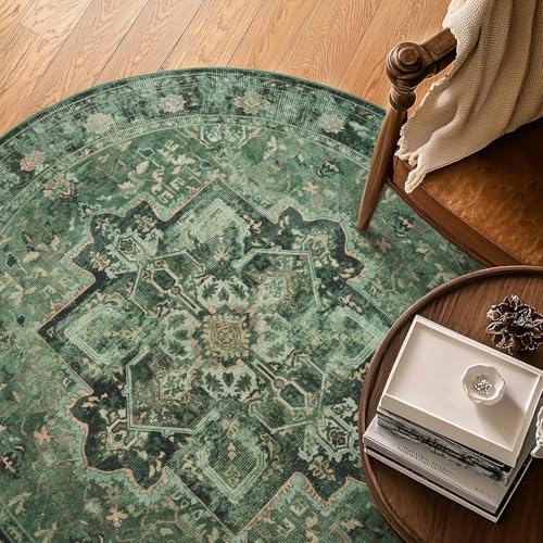 Image of Green Round Washable Rugs 5ft, Vintage Medallion 5 Feet Circle Rug for Living Room Under Coffee Table, Low Pile Thin Non Slip 5x5 Round Area Rug Carpet for Dining Room /Bedroom /Entry