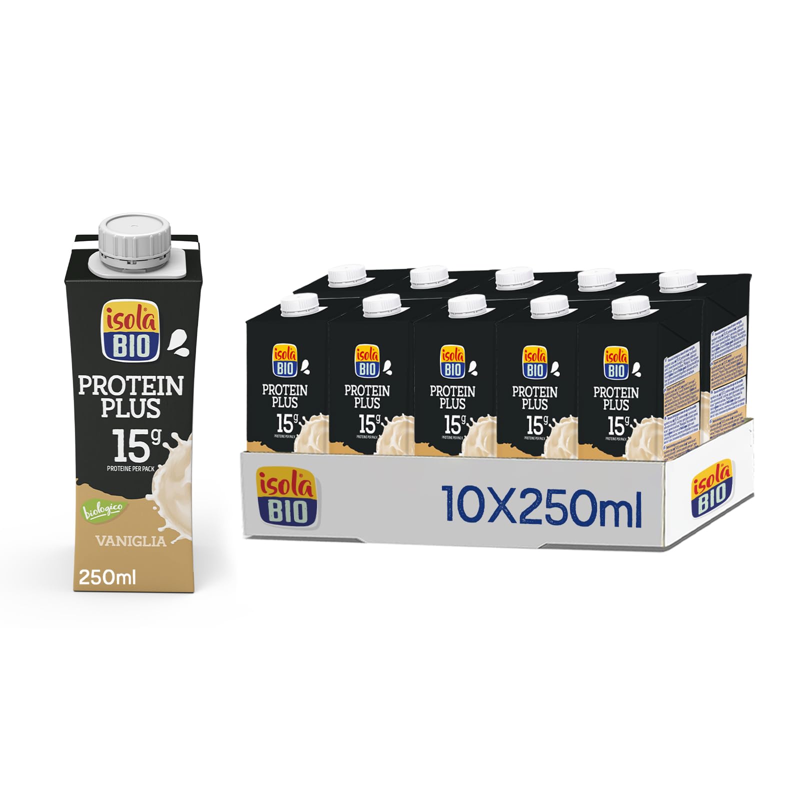 ISOLA BIO - Pack de 10 Unidades de 250ml de Bebida Ecológica Vegetal Soja con Vainilla - 15g Proteína - Sin Azúcares Añadidos y Sin Lactosa - Vegano - Formato para llevar