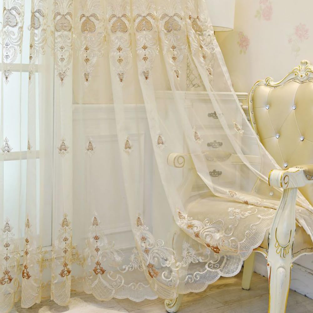 Beige Vorhang Wohnzimmer Schlafzimmer Transparent Ösen 3D Barock Vintage | Luxus Ösenvorhang Gardinen Halbtransparent Ösenschal Dekoschal Gardinenschal 2er-Pack 140x245
