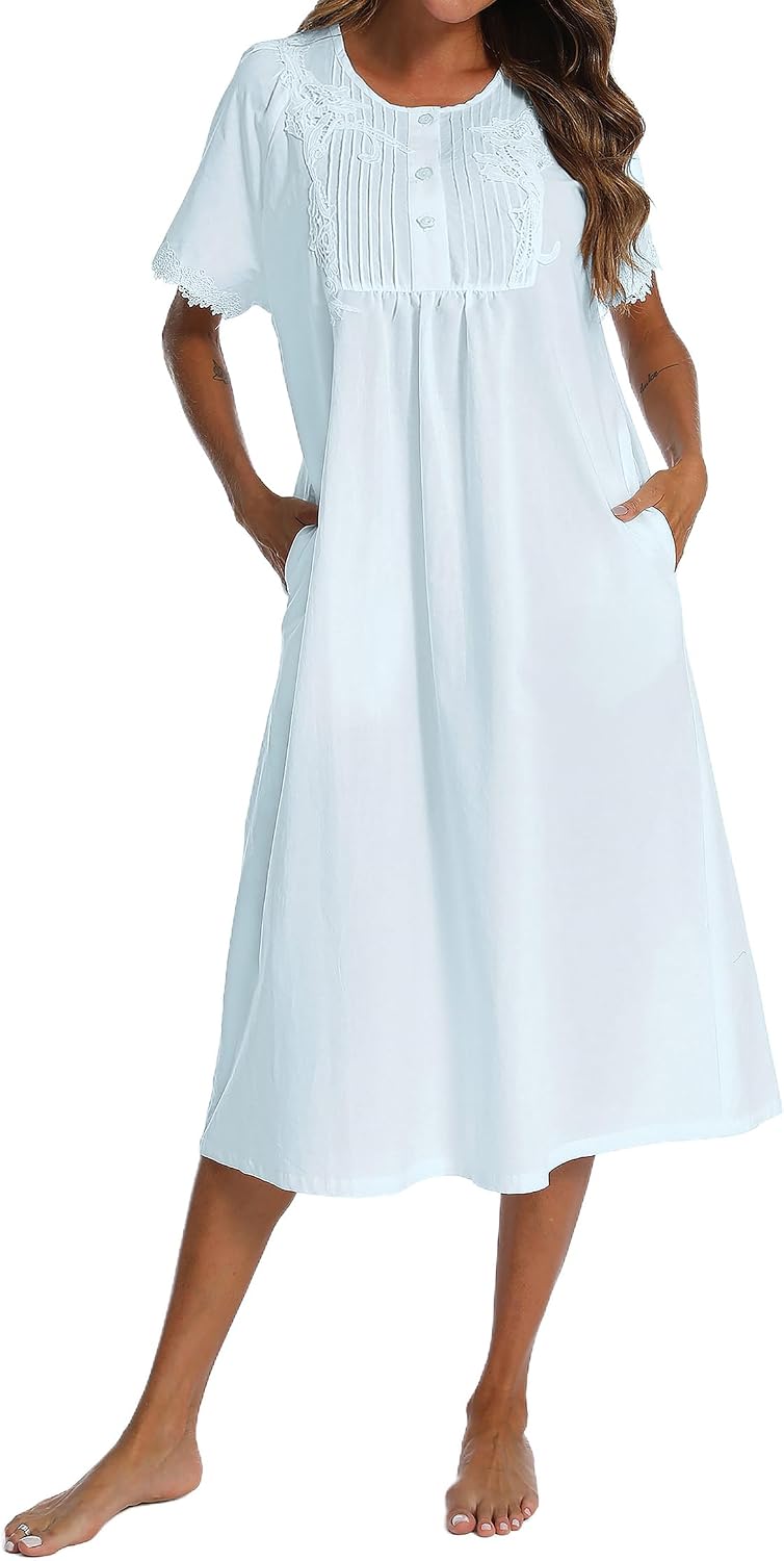 AVIIER 100% Cotton Nightgowns for Women Short Sleeve Night Gown with Pockets
