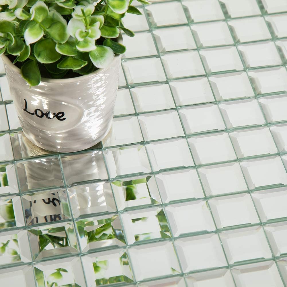 Mirror Glass Mosaic Tile, 5 Faces Square Beveled Silver Crystal Mirror Backsplash 12x12 Inch Seamless for Kitchen Bathroom 5 Sheets