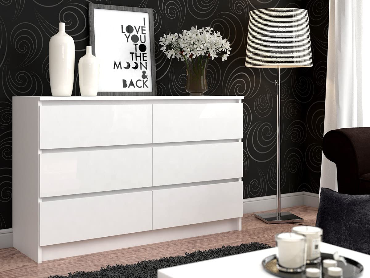 AKORD | Cassettiera K-120 con 6 (2 x 3) Cassetti | Moderna Mobiletto per Soggiorno Sala da Pranzo Camera da Letto Corridoio Bagno | Armadio Cameretta | 120x77x40 cm | Peso 43kg | Bianco