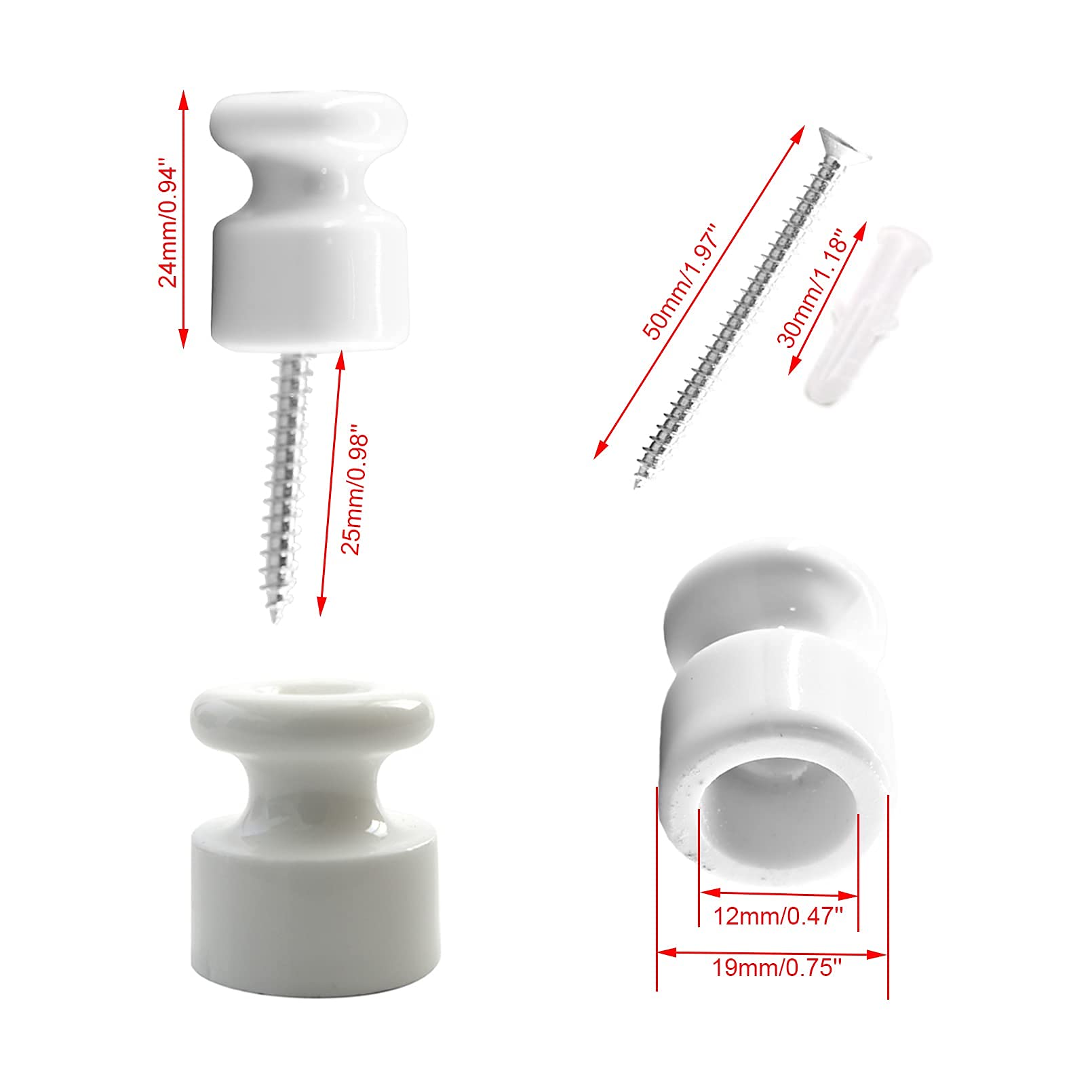 Pack Aisladores de Porcelana Blanca para Cables Trenzados 16u para Cable textil Instalación Eléctrica Vintage,Diámetro:20 mm
