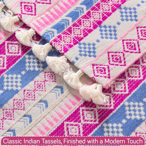 Image of HOKIPO L Shape (2+2 Seater) Sofa Cover Seat Mat | 300 GSM Cotton Acrylic Jacquard Fabric with Tassel, 'Trivana Series' Periwinkle Blue (IN-934+935-J5)