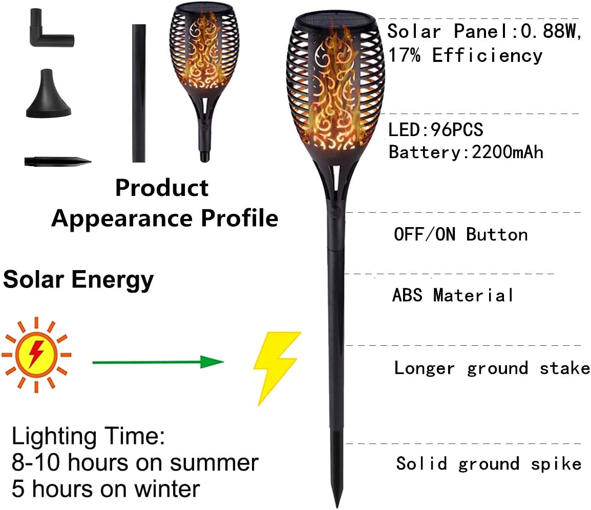 Solar Torch Lights,Solar Flame Lights Outdoor Flickering Flames Torches Lights Waterproof 96 LED Dancing Flames Landscape Decoration Lighting Solar Spotlights for Garden Yard Patio(2 Pack)1