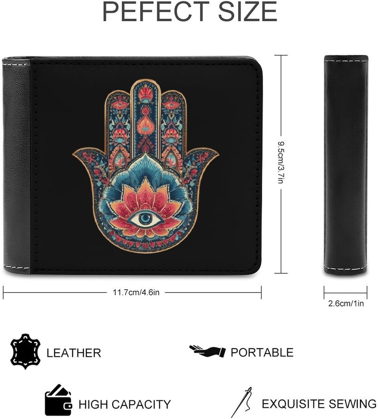 Hamsa Hand Colored Novelty Wallet Soft Slim Front Pocket Bifold Purse with ID Credit Card Holder