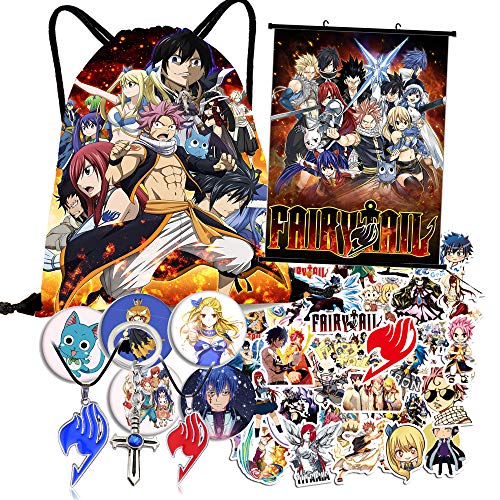 Including Fairy Tail Drawstring Backpack Bag, 50PCS Stickers, Keychain, Phone Lanyard- For Fairy Tail Fans