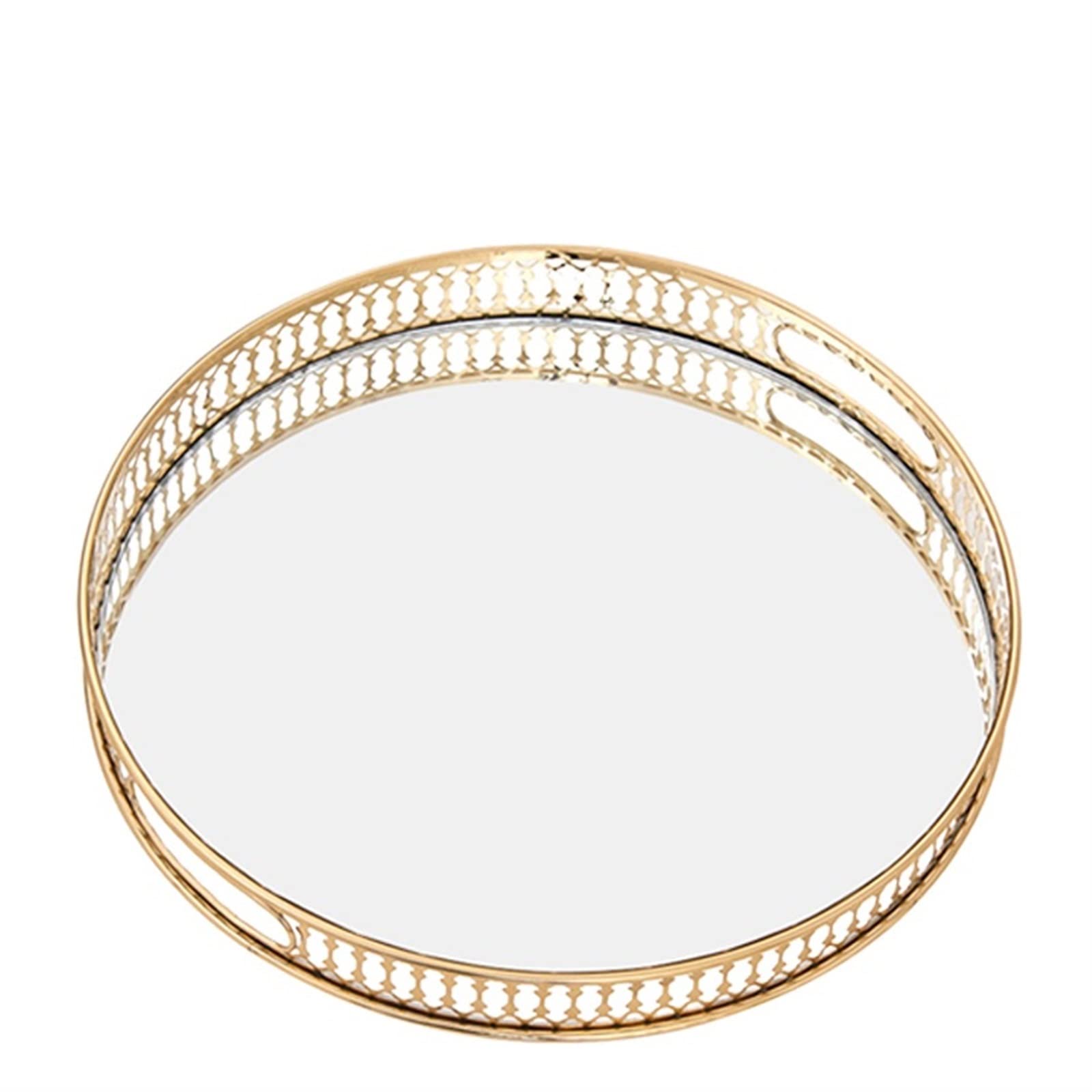 Bandeja redonda de metal para tocador con espejo y cristal, bandeja de desayuno decorativa para maquillaje, joyas y perfumes, elegante decoración del hogar