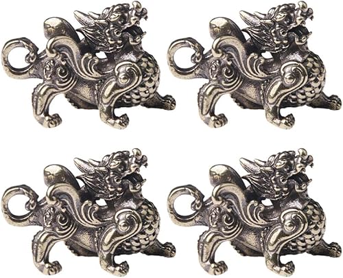 FAVOMOTO Juego de 4 piezas de estatuas de latón dorado Chi Lin Kylin Wealth de buena suerte y mini figuras de dragón Piyao Feng Shui - para riqueza,