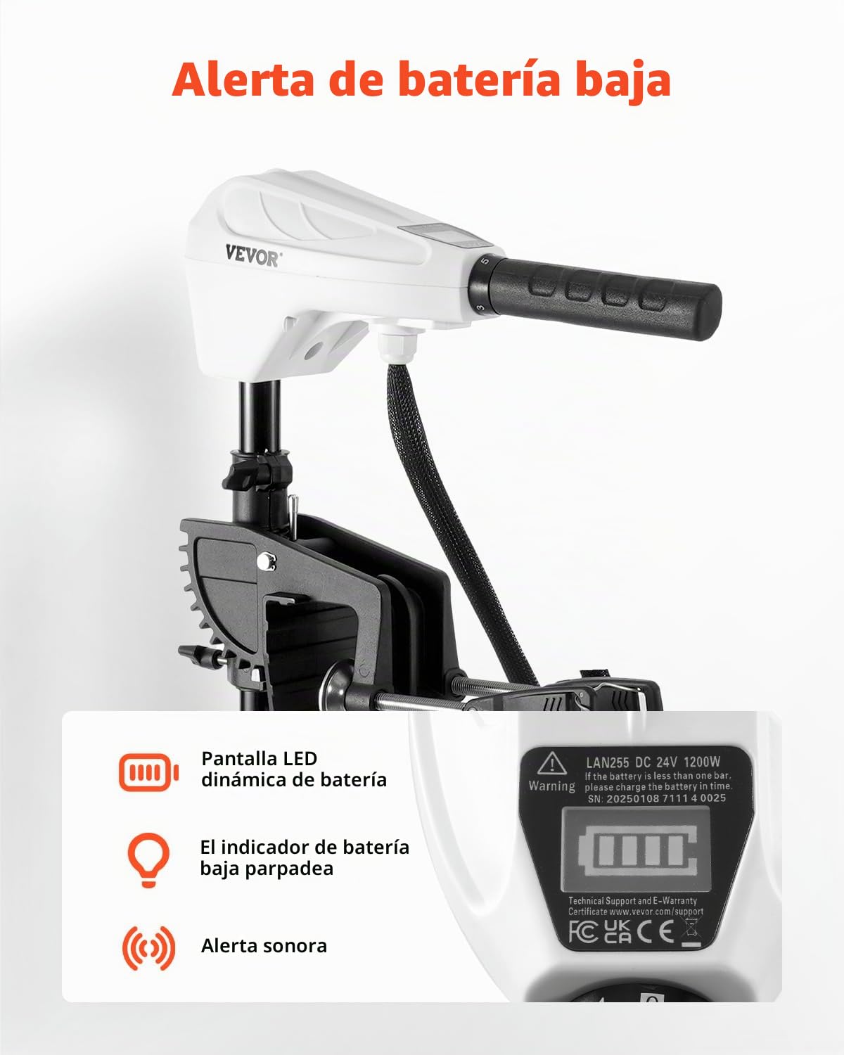 VEVOR Motor Eléctrico de Arrastre 39 kg de Empuje Motor Fuerabordas para Barco Montado en Espejo de Popa 24 V Eje de 91,5 cm 8 Velocidades con Indicador de Batería para Kayaks en Agua Dulce Salada