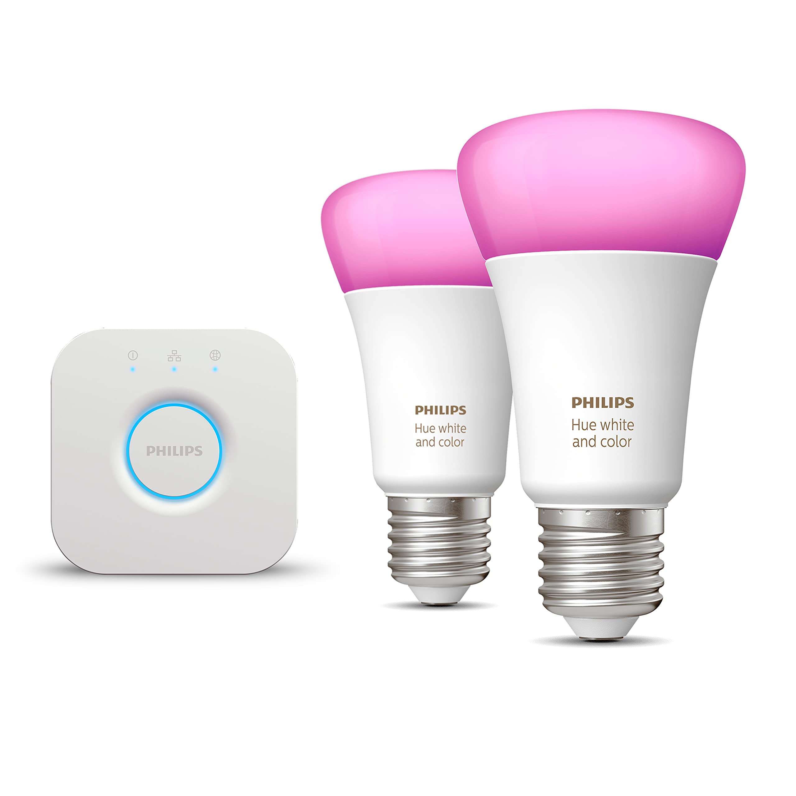 Philips Hue Starterpaket - E27 - mit 2 Standard Lampen - Weißes und Farbiges Licht - inkl. 1 Hue Bridge - Hue White and Color Ambiance