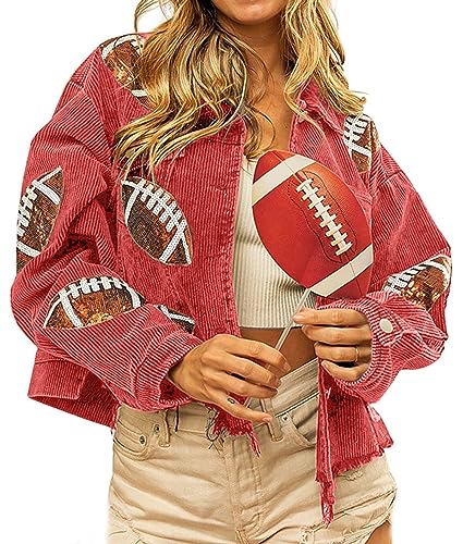 Women's Vintage Corduroy Distressed Ripped Rugby Sequin Shacket Long Sleeve Oversized Jacket