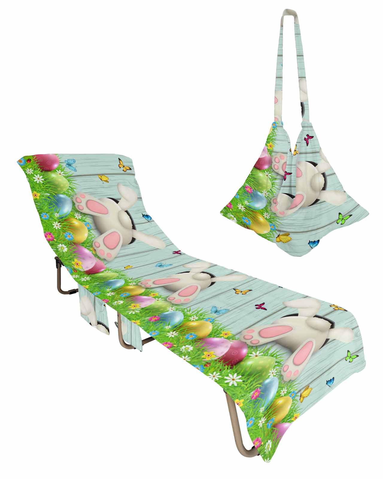 Teal Bunny Tail Easter Beach Lounge Chair Towel Cover, Soft Chaise Lounge Towel with Side Pockets Patio Pool Chairs Cover for Beach/Pool Sunbathing 29x85 Colorful Eggs Spring Floral