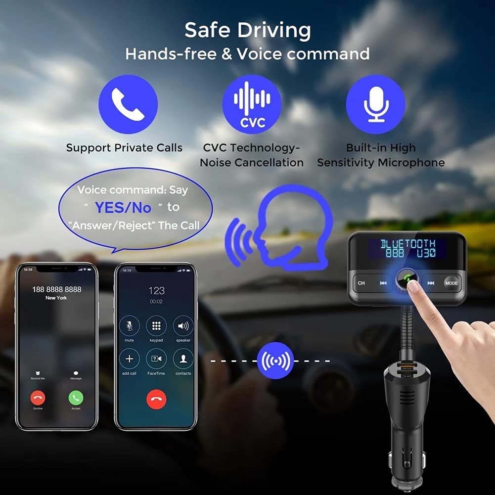 Bluetooth Auto FM Trasmettitore Audio Adapter Ricevitore Wireless Vivavoce Voltmeter Kit Auto QC3.0 e Smart 2.4A Porte USB, Uscita AUX, Player TF Card MP3