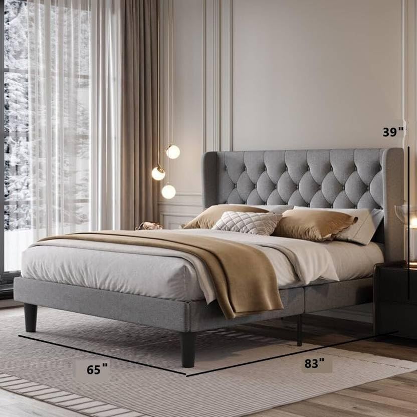 Image of Custom Decor Fabric Upholstered King Size Bed with Button Tufted Headboard for Bedroom || Solid Wood Bed | (Light Grey, King (U.K. Standard))