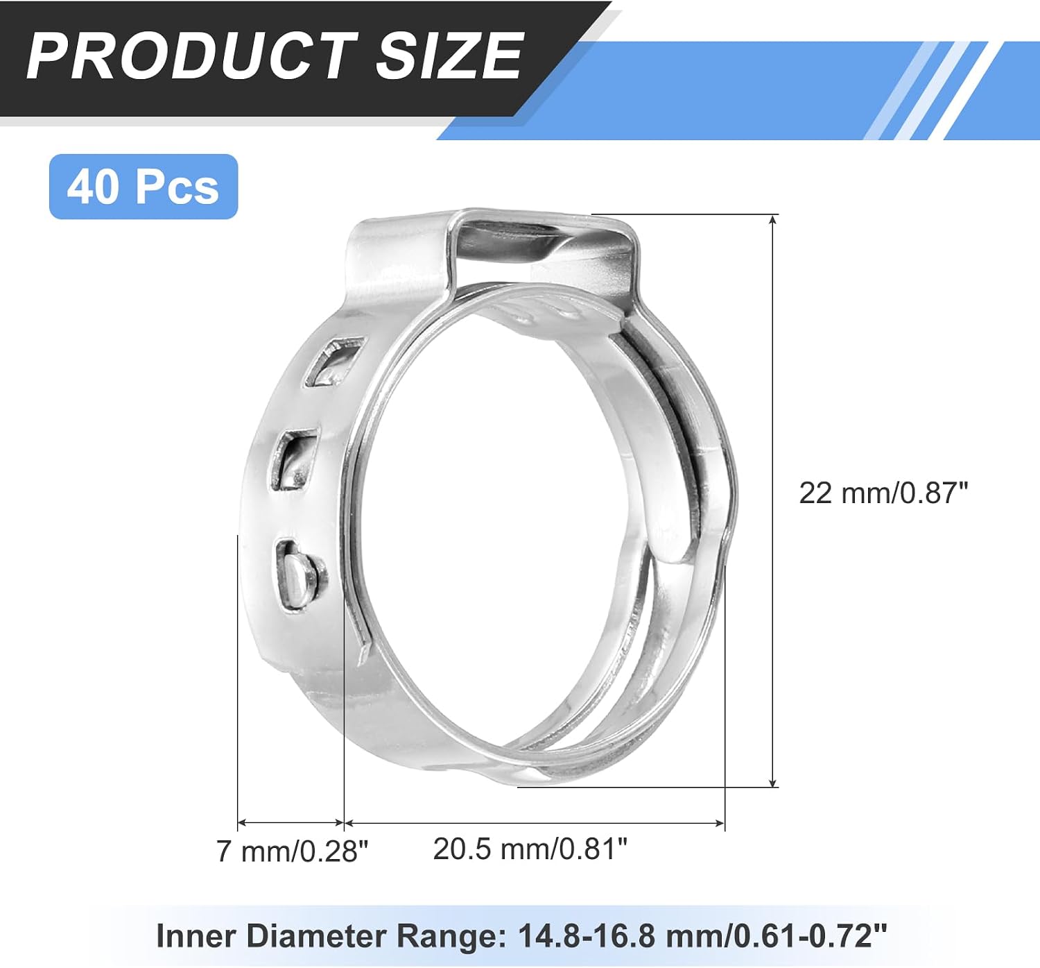 MECCANIXITY 40Pcs 14.8-16.8mm Single Ear Hose Clamps 304 Stainless Steel Polished Stepless Hose Clamp for Automobile Pipe Connections Home Appliance Wiring and Pipes, Silver